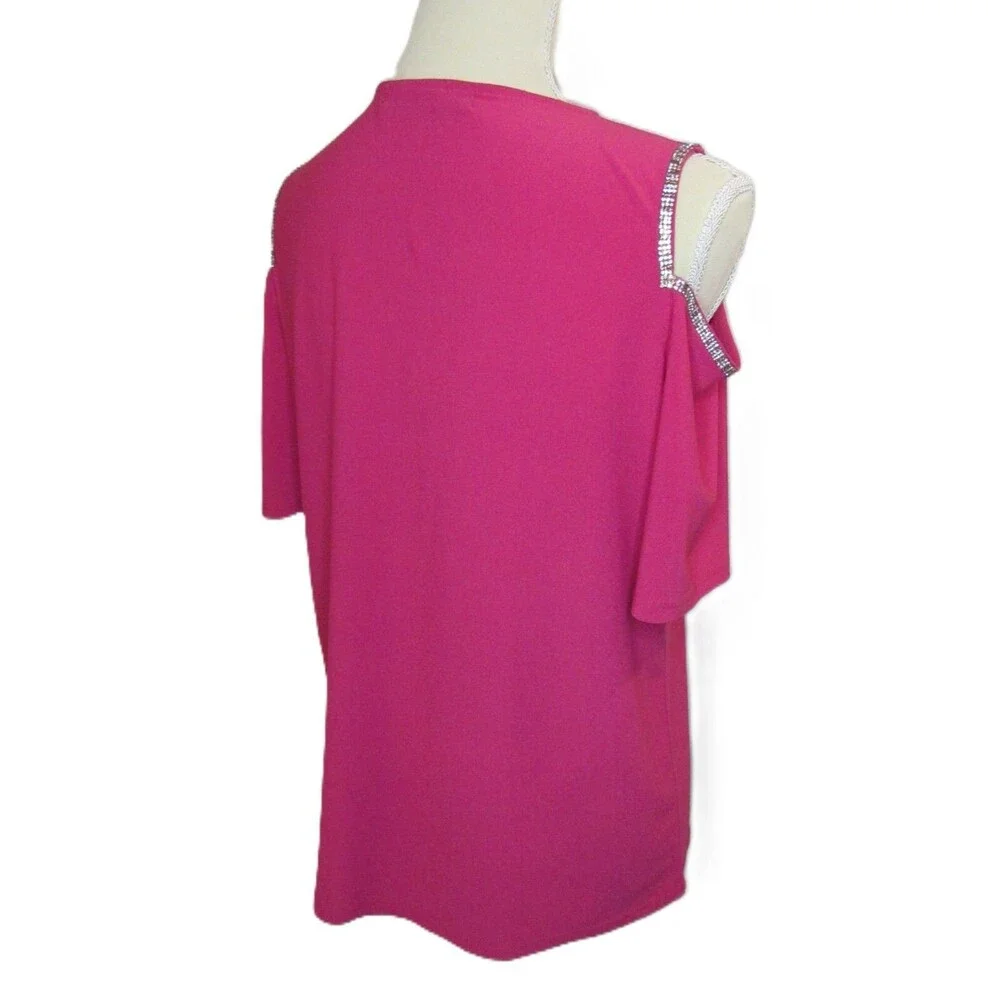 Cold Shoulder Top Glam Blouse Womens M Hot Magenta Pink Stretch Rhinestones NWT